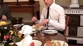 Twink waiter sucks and rides dick after the dinner service