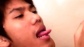 Cocksucking asian twinks shot bareback duo before pissing