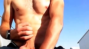Porn star guy with idyllic cock and body outdoors in a public place jerks off his huge cock in the balance he cums with clamorous moans you170