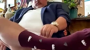 Big load immigrant grandpa college professor with wide feet, dress socks, huge cock, and big orgasm at the end