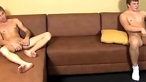 Gay twinks masturbate their rock hard dicks in front cumming