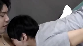 Cute japanese twink doggystyle fucked before mutual cumshot