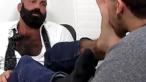 Bald bearded hunk infrastructure worshipped and licked by young lad