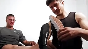 Tall hunk with glasses foot worshipped by deviant homosexual