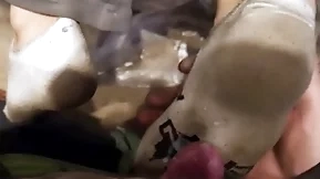 Two young guys dirty socks footjob