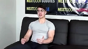 Muscled solo stud with glasses wanks and cums on the casting
