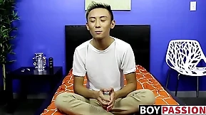 Asian twink strips naked and masturbates after an interview